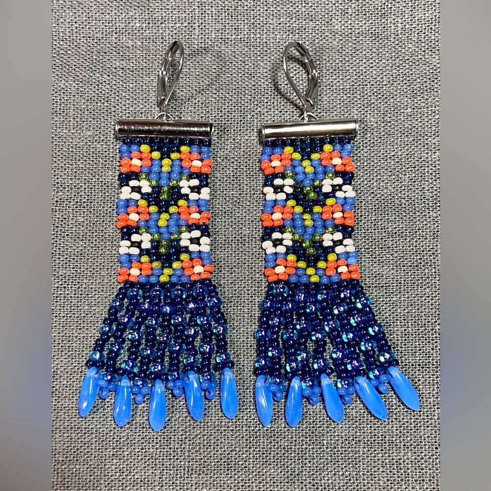 Blue Floral Beaded Earrings